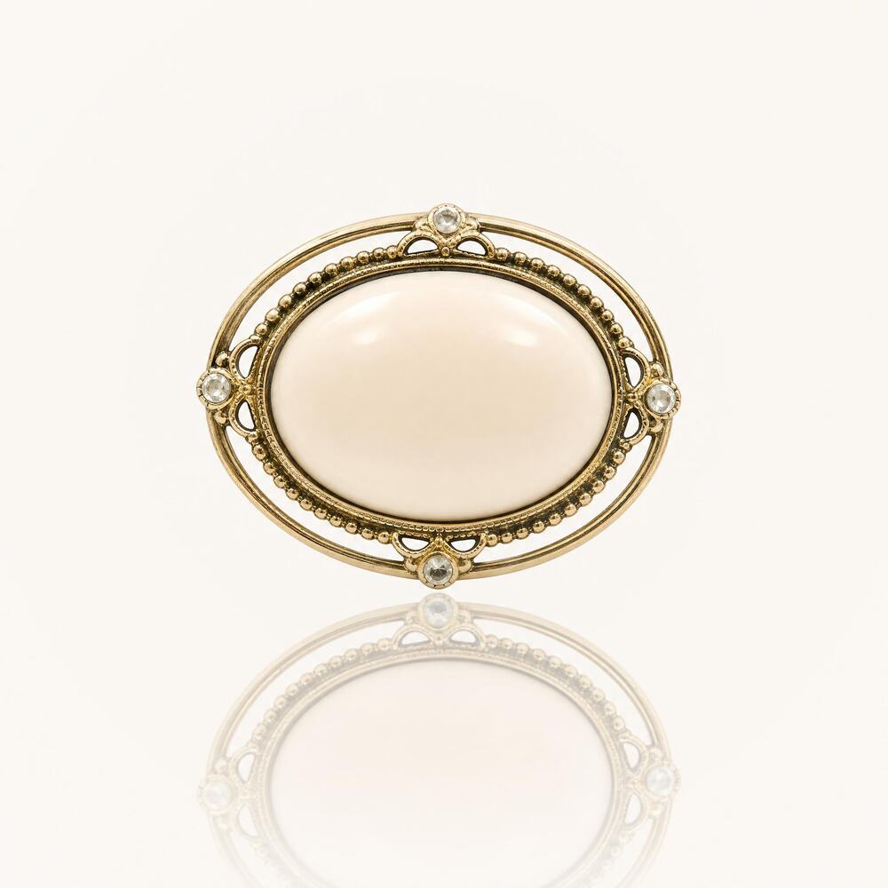 Vintage Cream Oval Cabochon Brooch | Gold Tone Filigree Halo Pin, MCM Jewelry